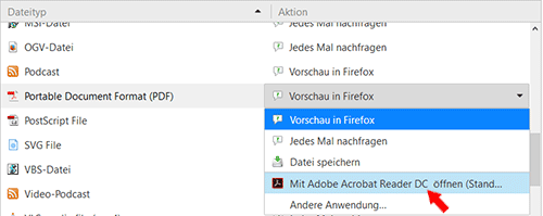 Firefox - Menü Einstellungen - Anwendungen